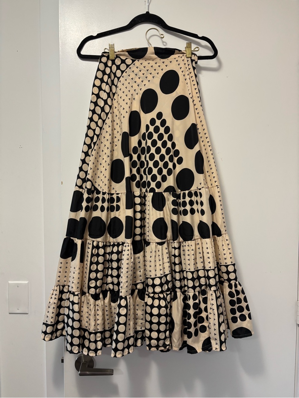 Black & Cream Polka Dot Tiered Maxi Wrap Skirt